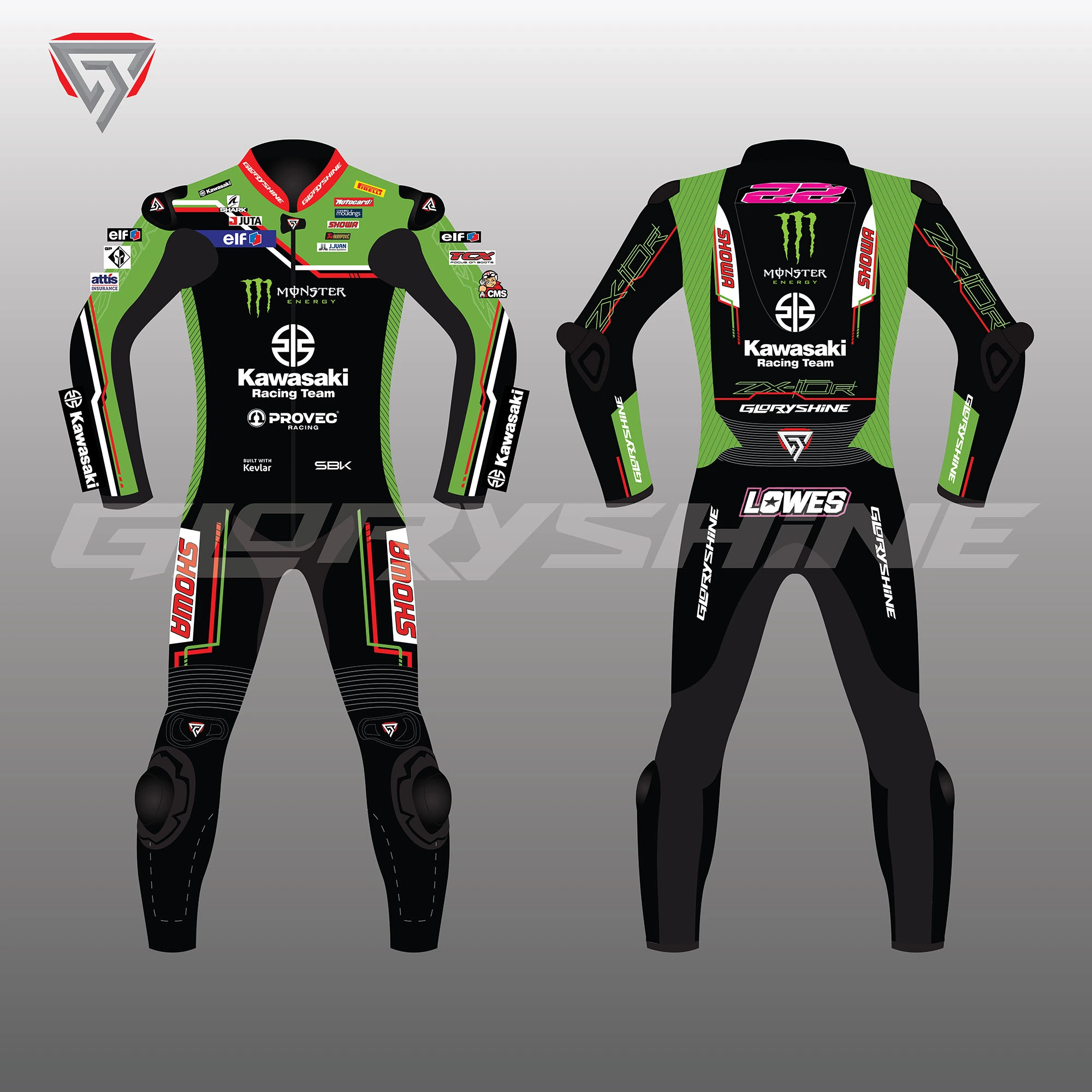 Alex Lowes Leather Suit Kawasaki WSBK 2023 Front & Back 2D