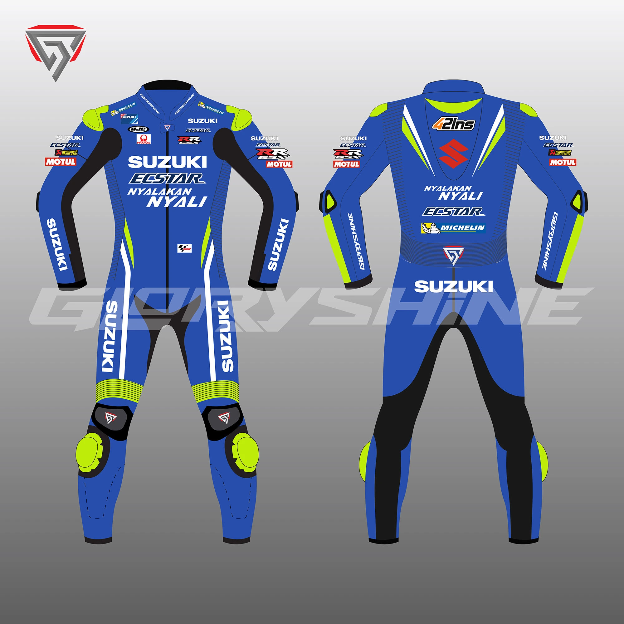 Alex Rins Leather Race Suit Suzuki ECSTAR MotoGP 2018 Front & Back 2D