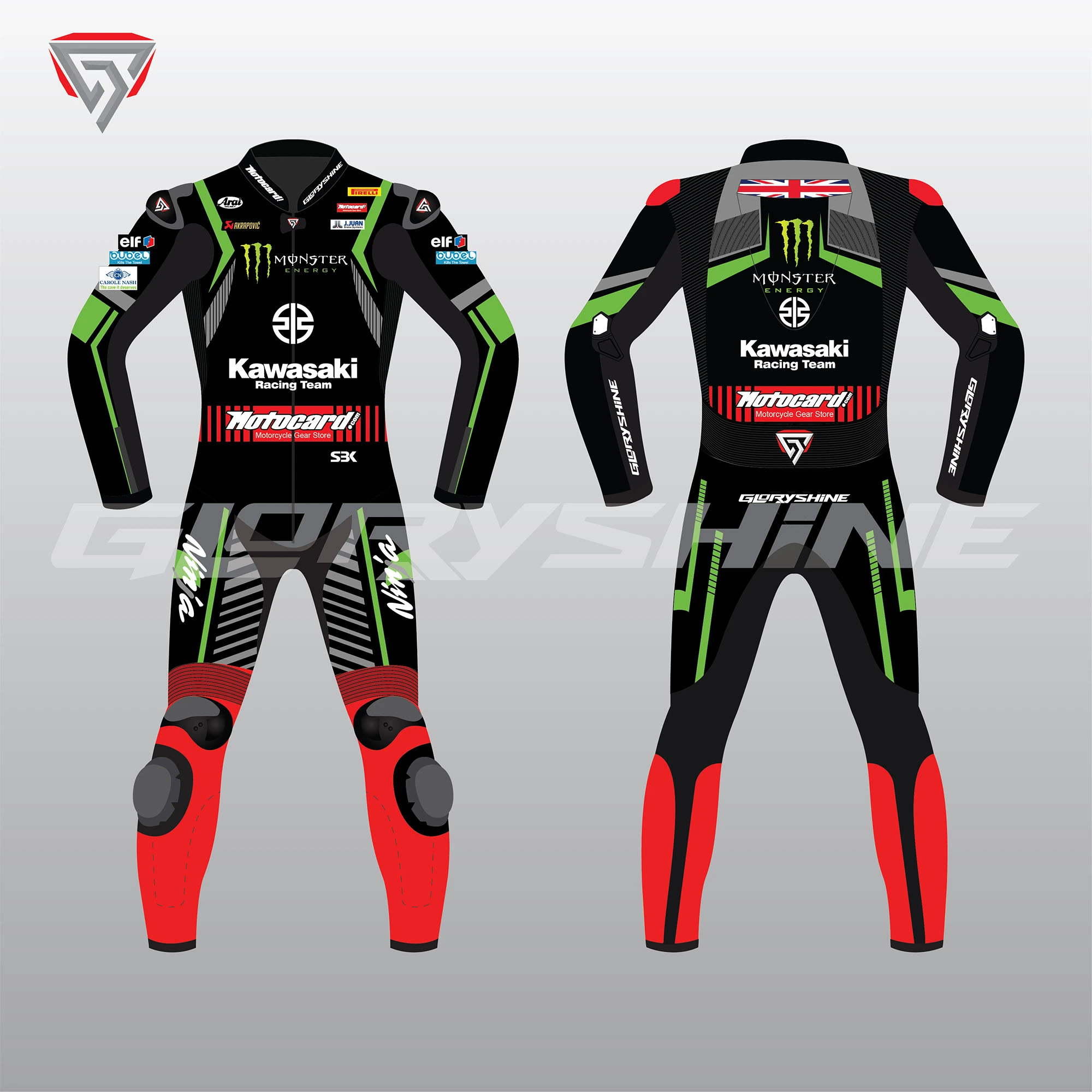 Tom Sykes Leather Suit Kawasaki Motocard WSBK 2018 Front & Back 2D