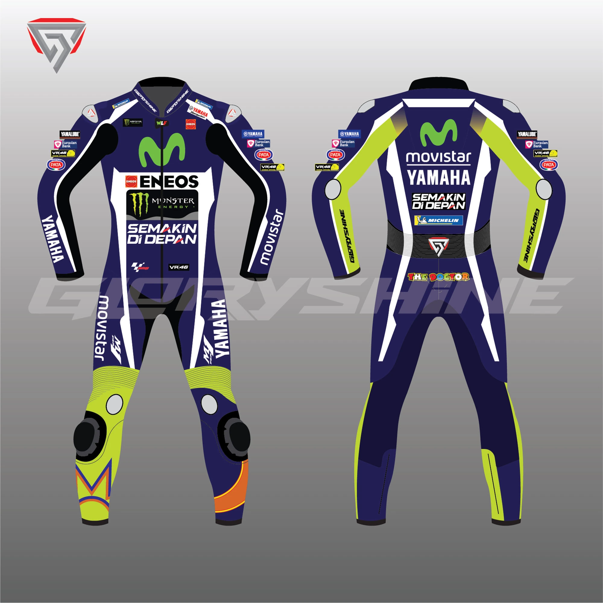 Valentino Rossi Leather Suit Yamaha Movistar MotoGP 2016 Front & Back 2D