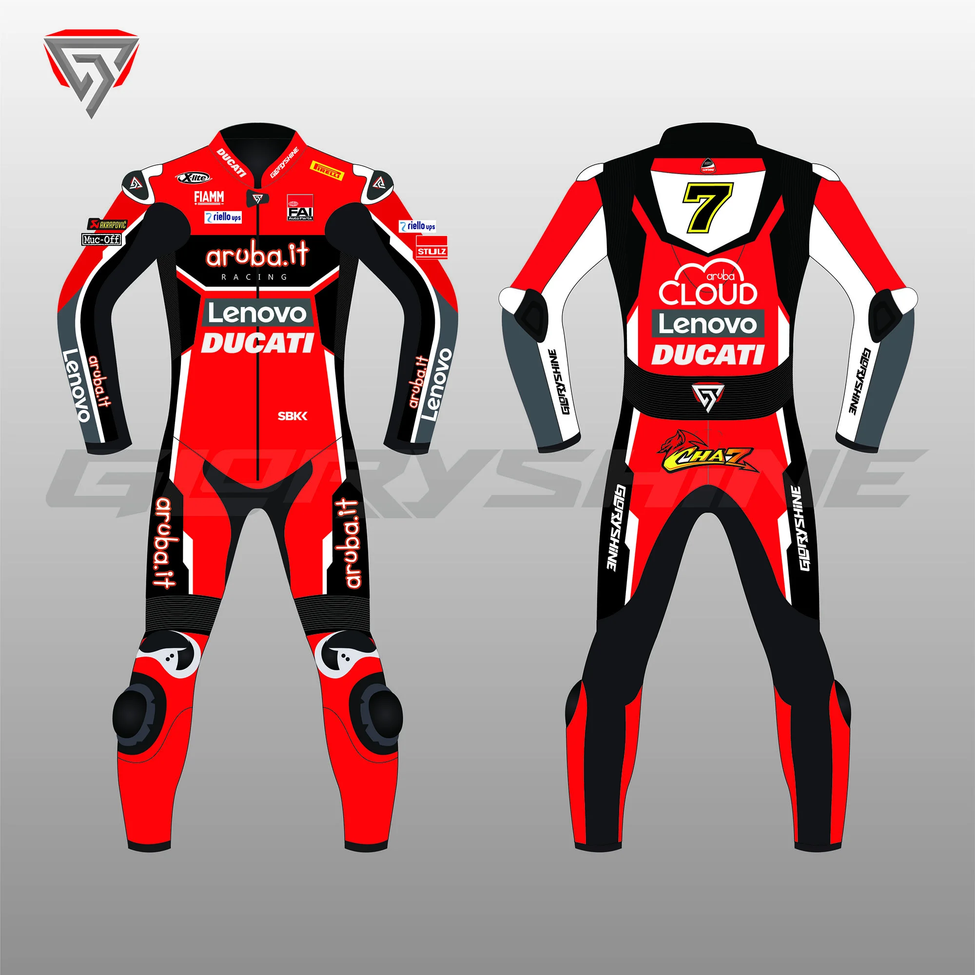 Chaz Davies Motorcycle Leather Suit Ducati MotoGP 2020 Front & Back 2D