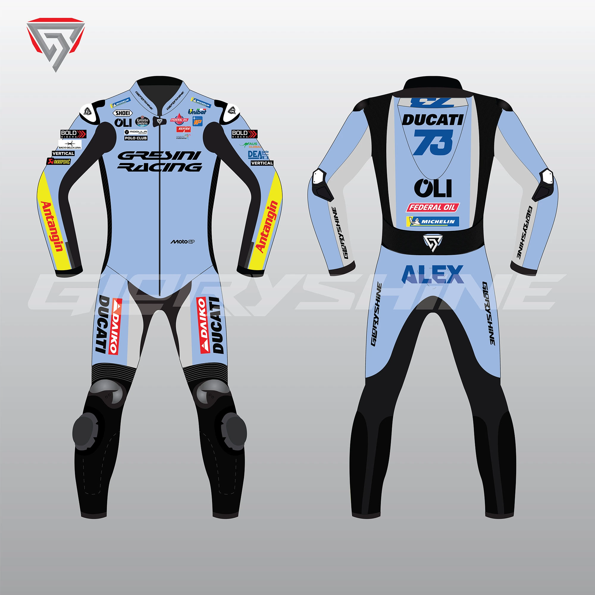 Alex Marquez Motorcycle Suit BK8 Gresini Racing MotoGP 2025 Front & Back 2D